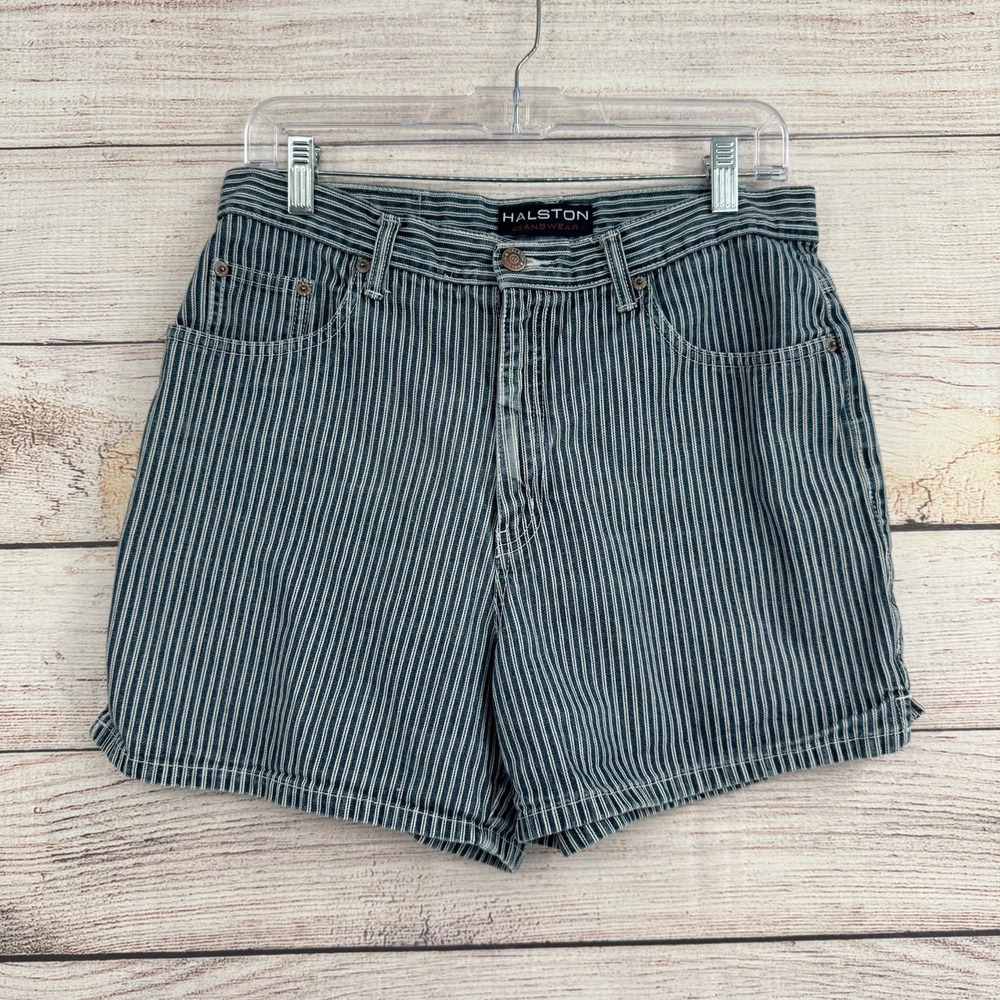 Halston Jeanswear Shorts Women 10 Blue Hickory Stripe High Rise Cotton Denim